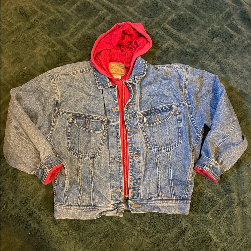 Vintage Gap denim jacket with red fleece hoodie lining